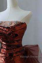 Pretty Mermaid Strapless Sequin Long Burgundy Ruffles Long Prom Dresses Formal Evening Dress