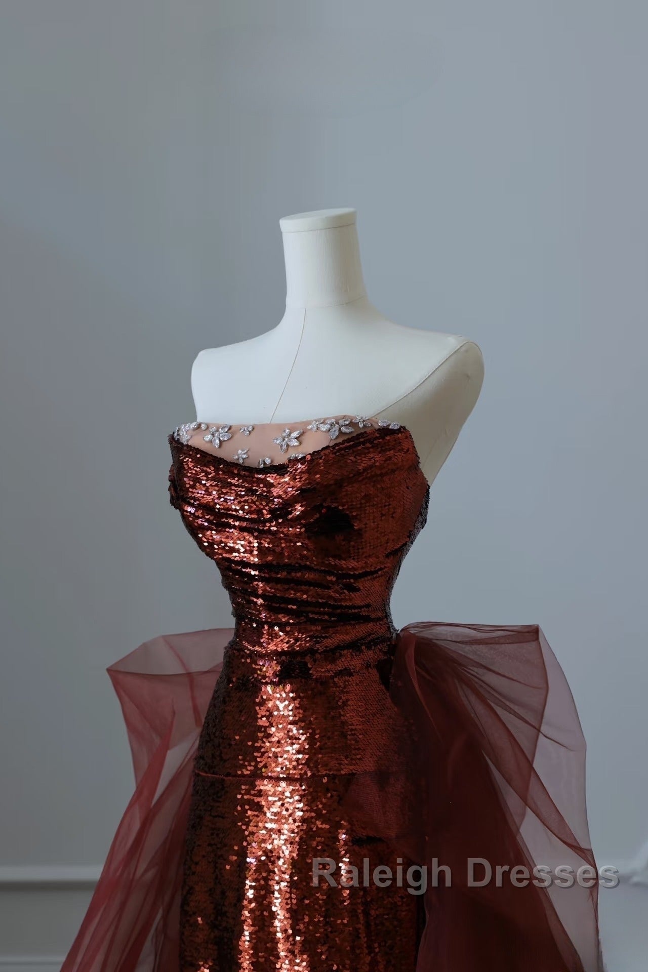 Pretty Mermaid Strapless Sequin Long Burgundy Ruffles Prom Dress Long Prom Dresses