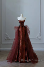 Pretty Mermaid Strapless Sequin Long Burgundy Ruffles Prom Dress Long Prom Dresses