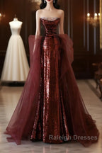 Pretty Mermaid Strapless Sequin Long Burgundy Ruffles Long Prom Dresses Formal Evening Dress