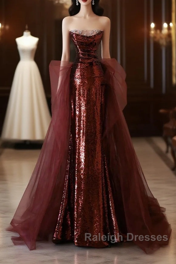 Pretty Mermaid Strapless Sequin Long Burgundy Ruffles Long Prom Dresses Formal Evening Dress