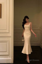 Pretty Mermaid Straps White Tea Length Prom Dresses Birthday Outfits Evening Gown