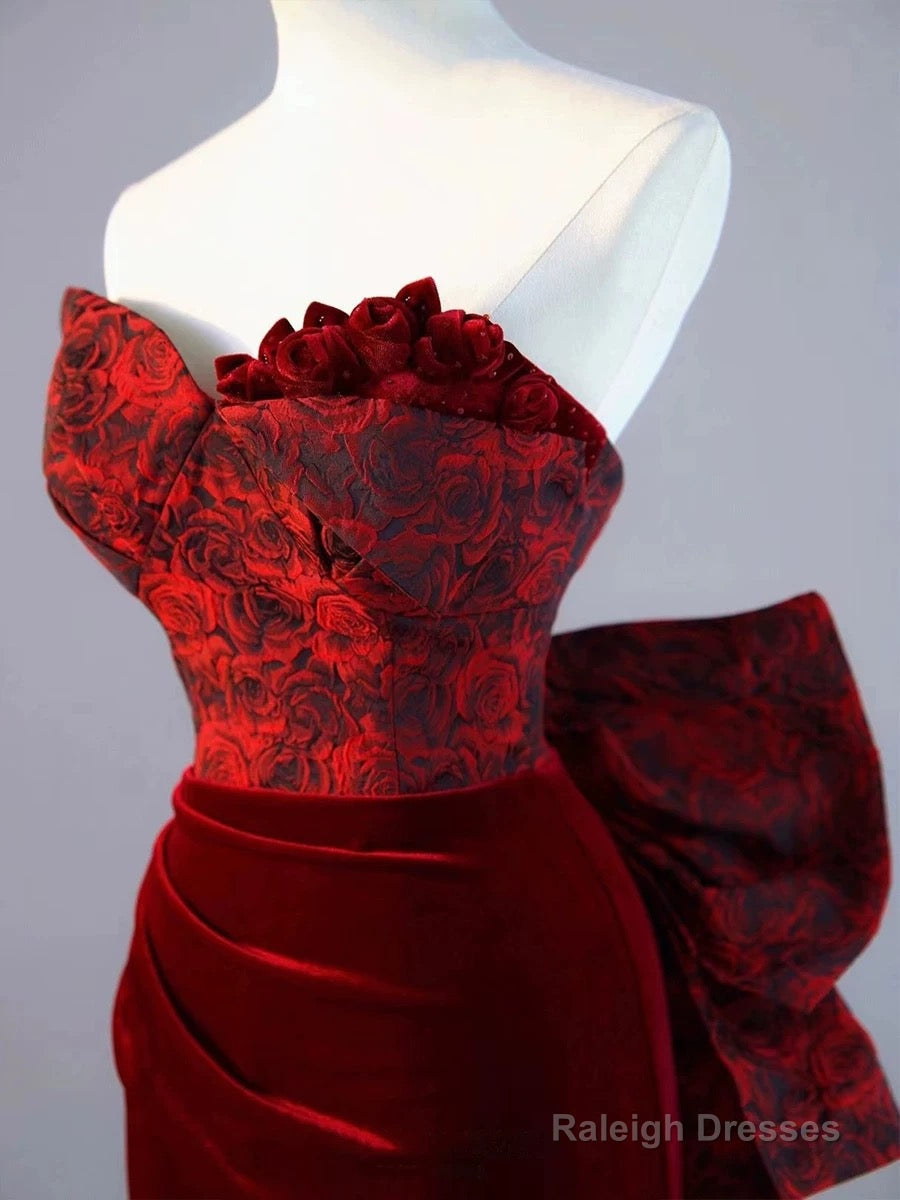 Pretty Mermaid Sweetheart Wine Red Velvet Long Prom Dresses
