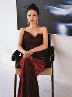 Pretty Mermaid Sweetheart Wine Red Velvet Long Prom Dresses