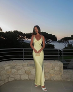 Pretty Mermaid V Neckline Long Yellow Satin Prom Dress Prom Dress