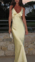 Pretty Mermaid V Neckline Long Yellow Satin Prom Dress Prom Dress