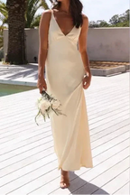 Pretty Mermaid V Neckline Long Yellow Satin Prom Dress Prom Dress