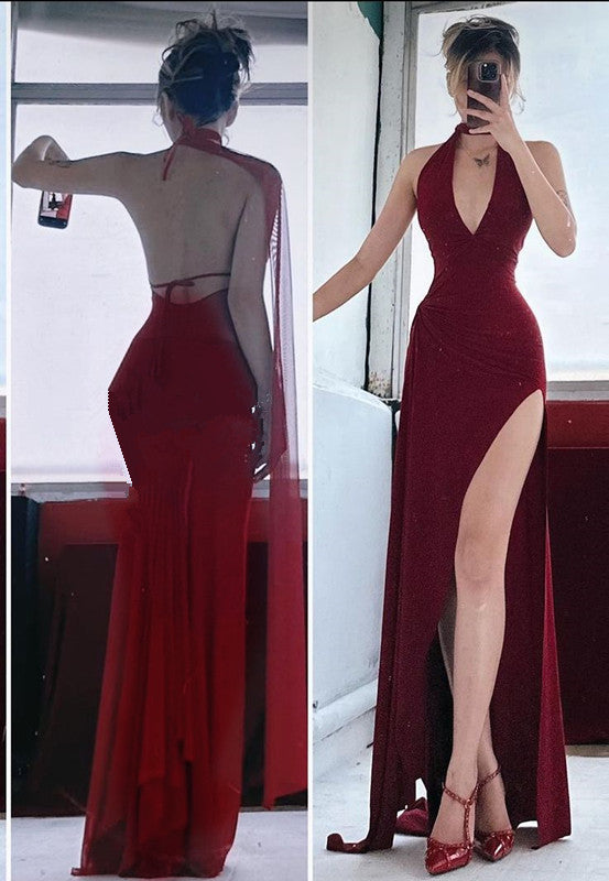 Pretty Mermaid V Neckline Red Chiffon Backless Prom Dress Long Prom Dresses