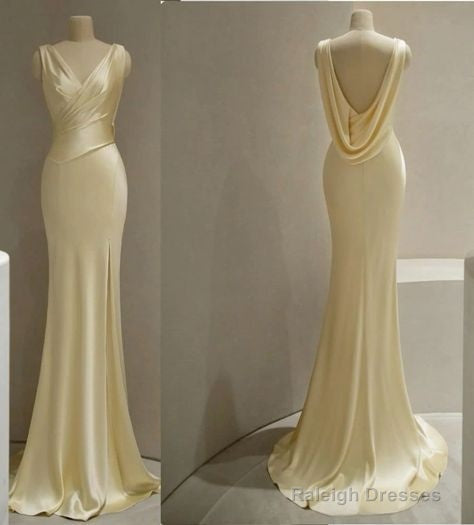 Pretty Mermaid V Neckline Satin Yellow Long Prom Dresses Formal Evening Dress Secondary image