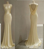 Pretty Mermaid V Neckline Satin Yellow Prom Dress Long Prom Dresses