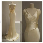 Pretty Mermaid V Neckline Yellow Satin Prom Dresses With Ruffle Long Evening Dress