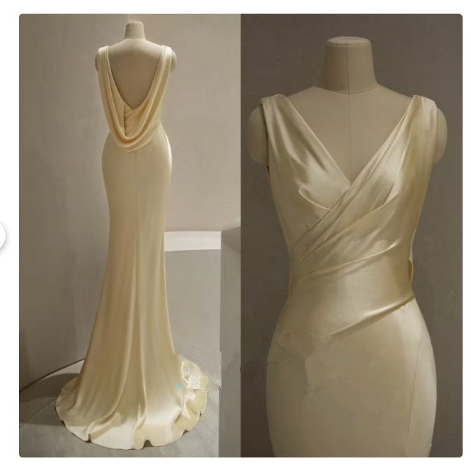 Pretty Mermaid V Neckline Yellow Satin Prom Dress With Ruffle Long Prom Dresses Secondary image