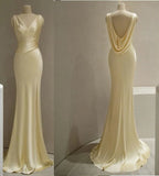 Pretty Mermaid V Neckline Yellow Satin Prom Dresses With Ruffle Long Evening Dress