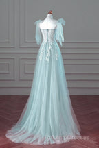 Pretty Mint Blue Tulle With Lace A-Line  Long Party Dress, Mint Blue Prom Dress Fornal Dress