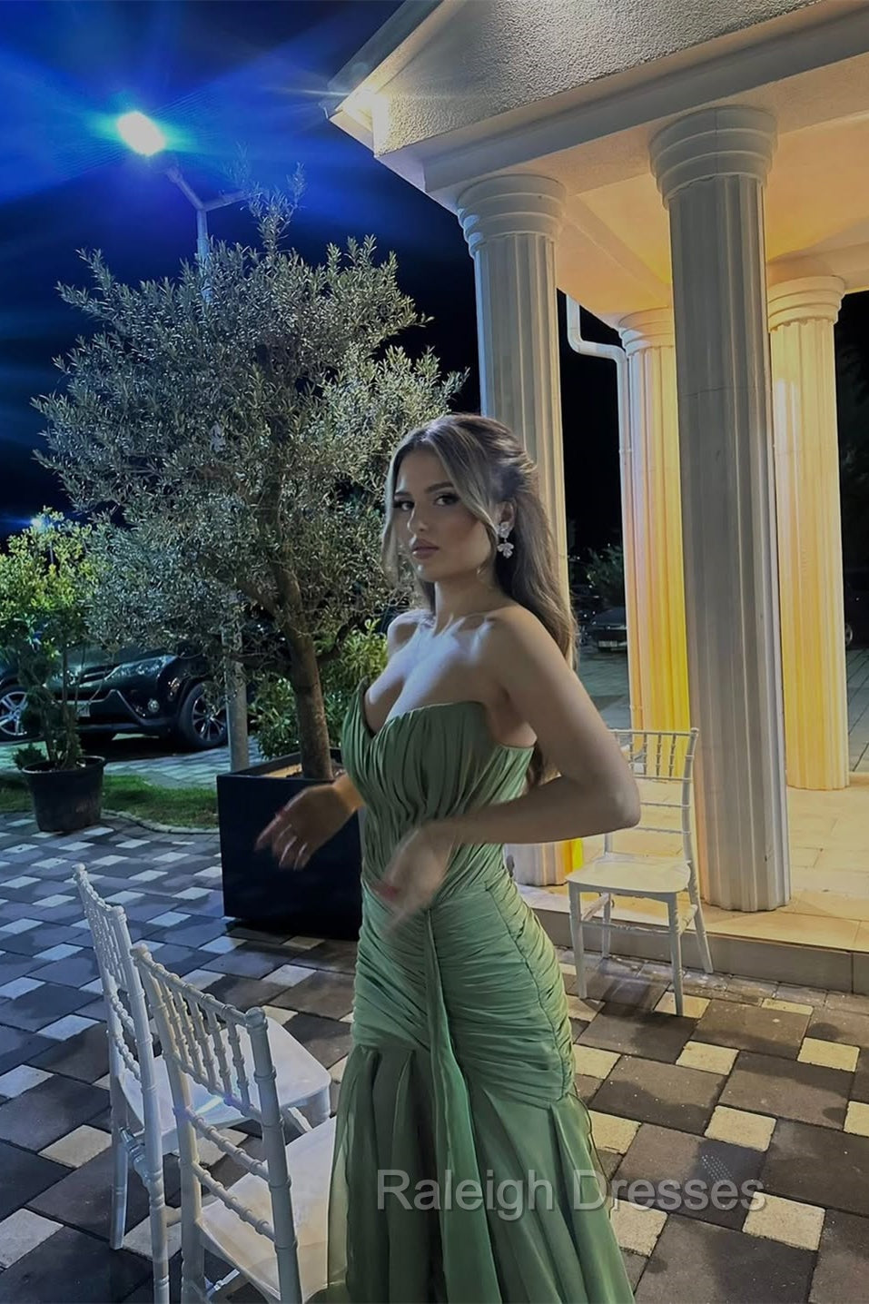 Pretty Moss Sweetheart Strapless Sleeveless Chiffon Prom Dresses Long Ruffle With Lace-Up Back