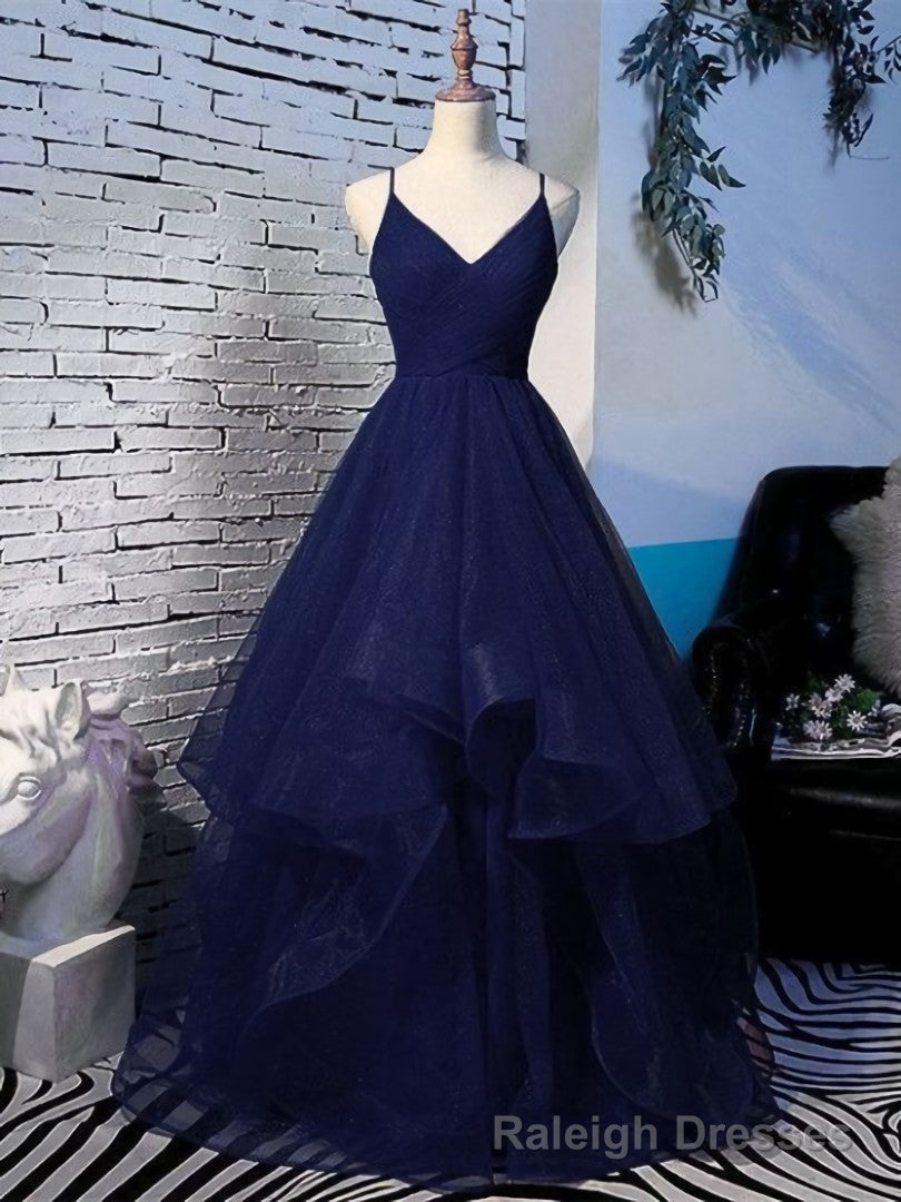 Pretty Navy Blue Tulle Layers Straps Long Prom Dress, Blue Prom Dress Secondary image