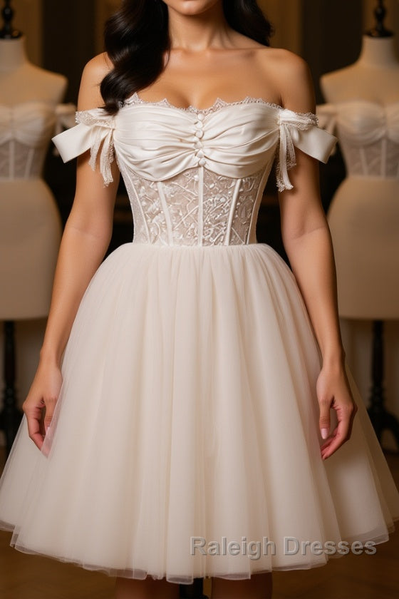 Pretty Off Shoulder Ivory Prom Dresses Short, Ivory Homecoming Dresses, Formal Graduation Evening Dresses Main image