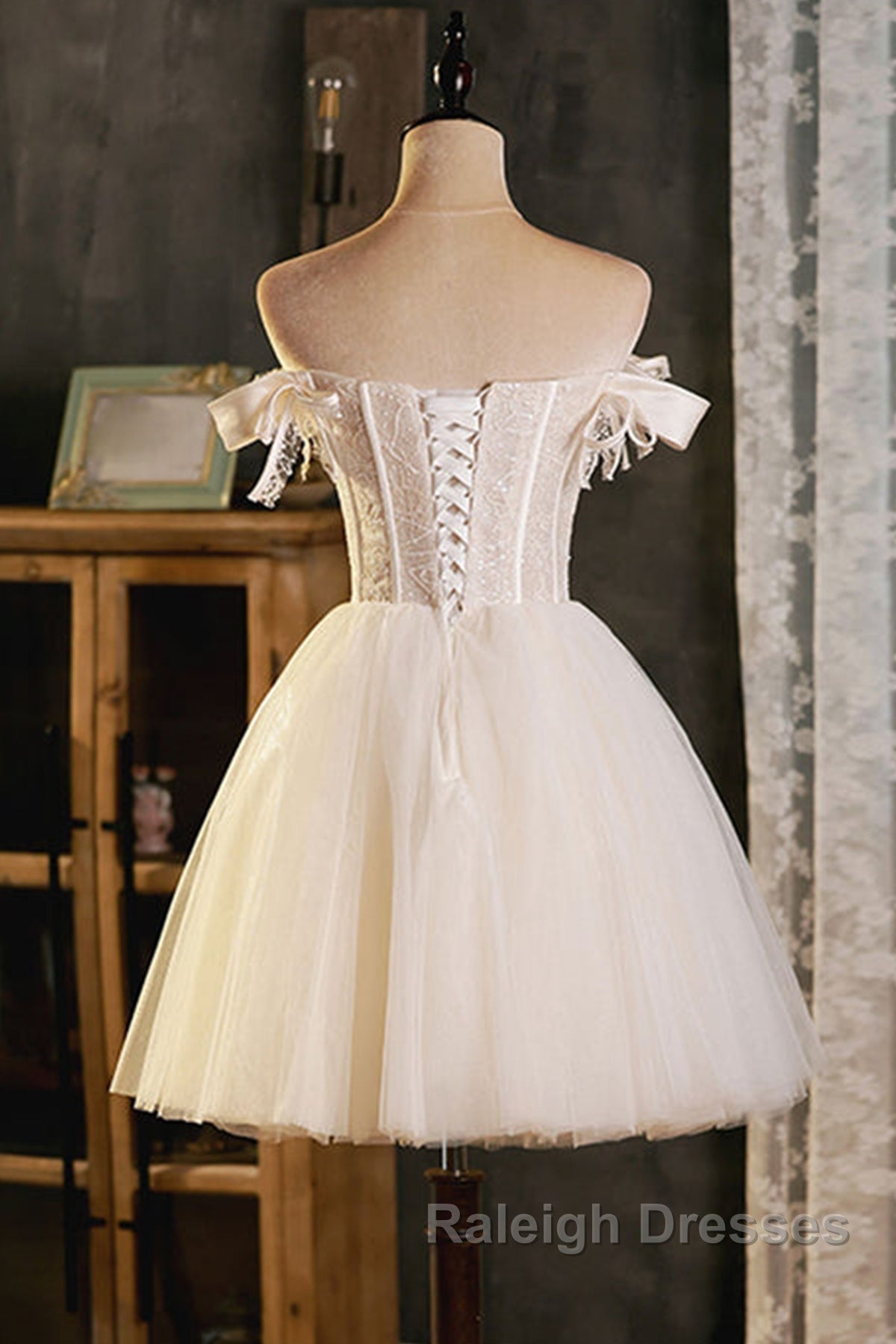 Pretty Off Shoulder Ivory Prom Dress Short Ivory Homecoming Dress Prom Graduation Prom Dress