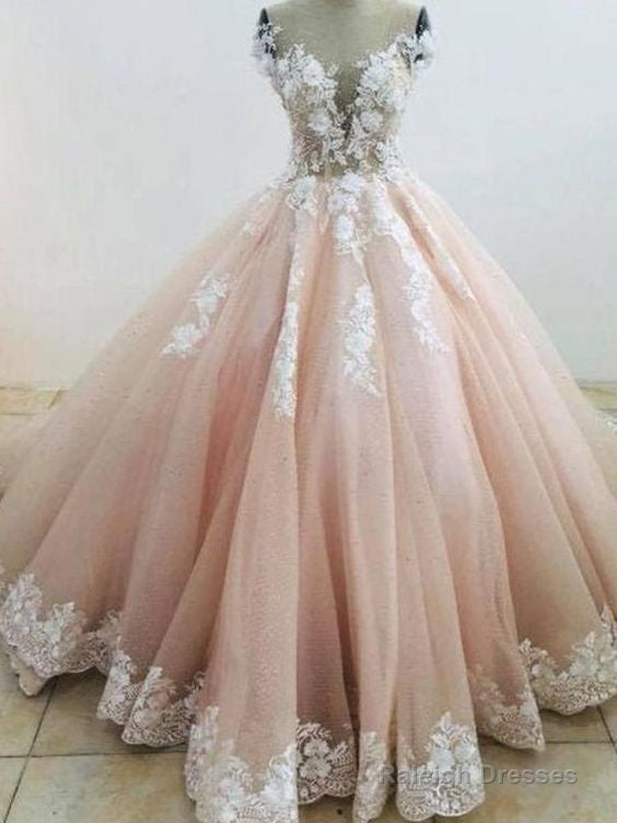 Pretty Pastel Pink Lace Applique Wedding Dress Chapel Train Prom Dress Main image