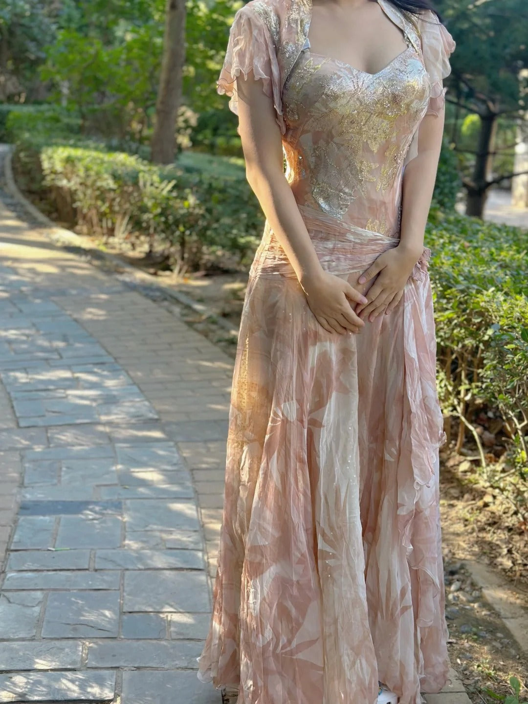 Pretty Pink Floral Print A-Line Chiffon Long Formal Prom Dress