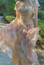 Pretty Pink Floral Print A-Line Chiffon Long Formal Prom Dress