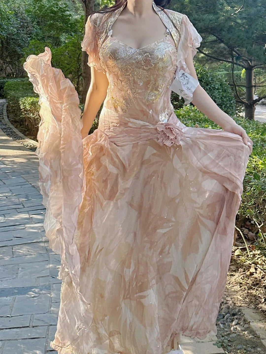 Pretty Pink Floral Print A-Line Chiffon Long Formal Prom Dress