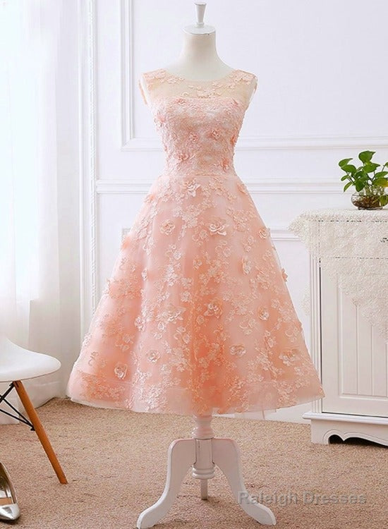 Pretty Pink Tea Length Flower Lace Wedding Party Drses, Pink Lace Formal Dress Prom Dress Main image