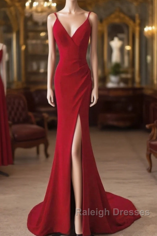 Pretty Red Mermaid Straps Long Evening Dress With Leg Slit, Red Prom Dress Main image