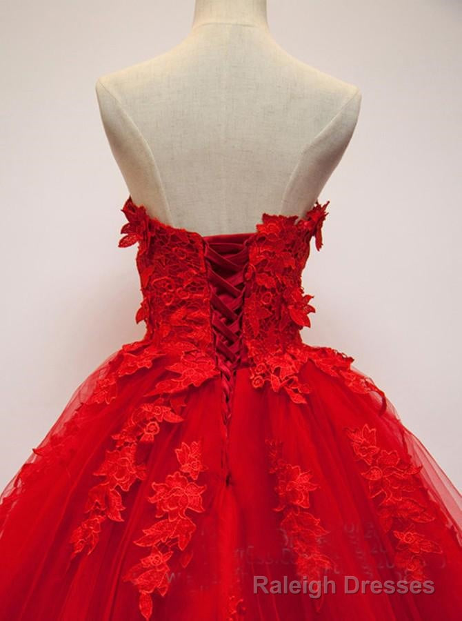Pretty Red Sweetheart Strapless Ball Gown Applique Tulle Long Prom Dress,Party Dresses