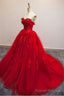 Pretty Red Sweetheart Strapless Ball Gown Applique Tulle Long Prom Dress,Party Dresses