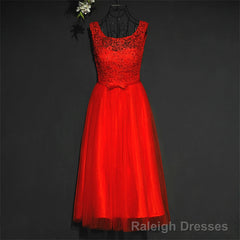 Pretty Red Tulle and Lace Tea Length Party Dress, Red Bridesmaid Dress