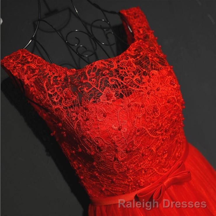 Pretty Red Tulle and Lace Tea Length Prom Dress, Red Bridesmaid Dress