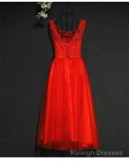 Pretty Red Tulle and Lace Tea Length Prom Dress, Red Bridesmaid Dress
