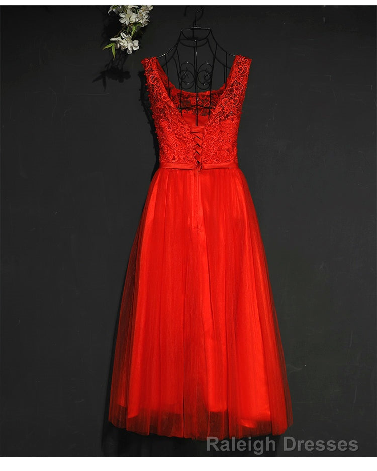Pretty Red Tulle and Lace Tea Length Prom Dress, Red Bridesmaid Dress