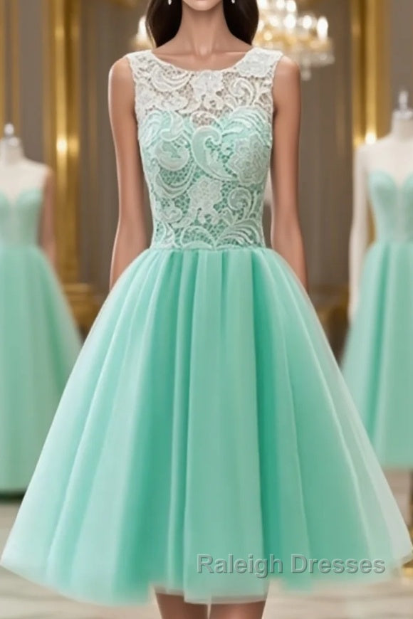 Pretty Round-Neck Lace Tulle Short Green Prom Dresses, Lace Homecoming Dresses Main image