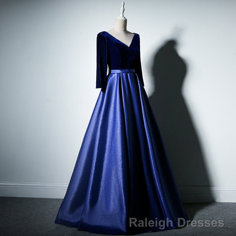 Pretty Royal Blue Long Sleeves Satin with Velvet Party Dress, A-line Long Prom Dress