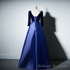 Pretty Royal Blue Long Sleeves Satin with Velvet Party Dress, A-line Long Prom Dress