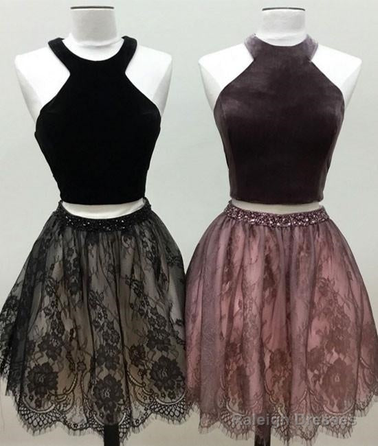 Pretty Sample Halter Velet Two Pieces Lace Short Prom Dresses Main image