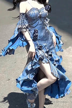 Pretty Sheath Irregular Ruffled Spaghetti Straps WomenS Blue Long Birthday Prom Dress