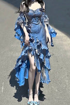Pretty Sheath Irregular Ruffled Spaghetti Straps WomenS Blue Long Birthday Party Dresses
