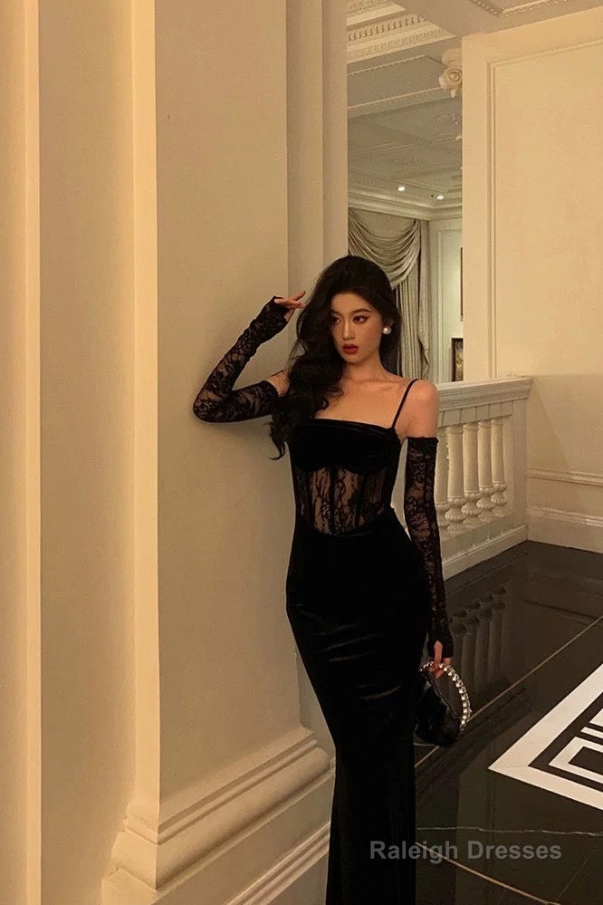 Pretty Sheath Spaghetti Straps Black Lace Prom Dress Long Birthday Outfits With Gloves