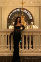 Pretty Sheath Spaghetti Straps Black Lace Long Prom Dresses Birthday Outfits With Gloves