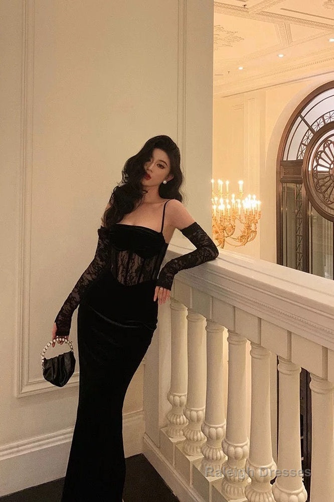 Pretty Sheath Spaghetti Straps Black Lace Long Prom Dresses Birthday Outfits With Gloves