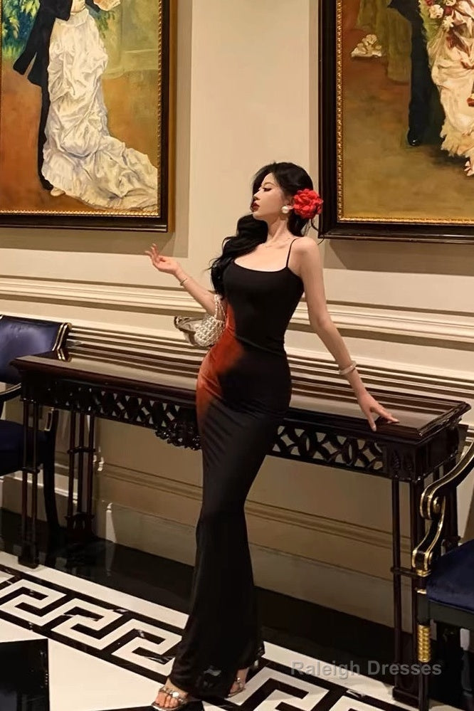 Pretty Sheath Spaghetti Straps Black Long Prom Dresses Birthday Outfits Evening Gown Main image