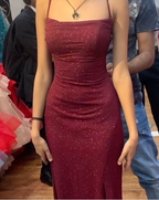 Pretty Sheath Spaghetti Straps Burgundy Slit Long Prom Dresses Prom Dress