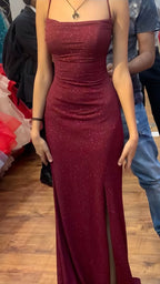 Pretty Sheath Spaghetti Straps Burgundy Slit Long Prom Dresses Prom Dress
