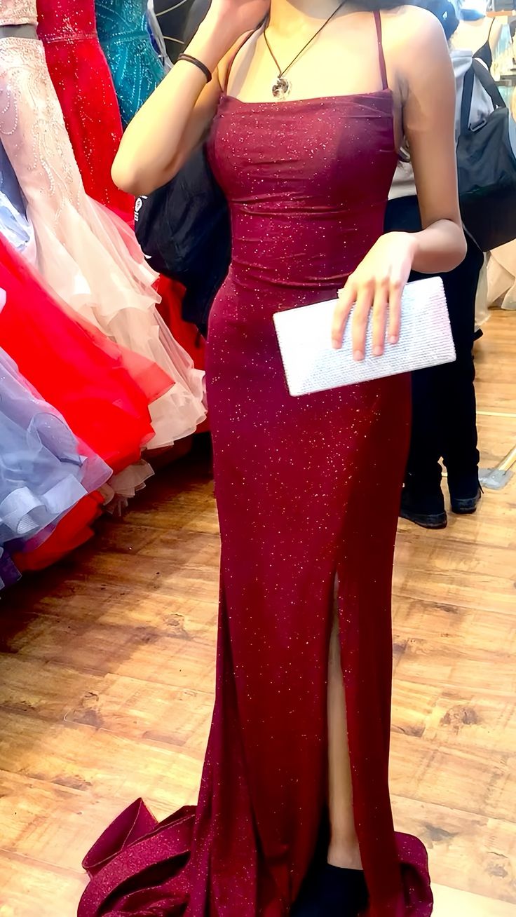 Pretty Sheath Spaghetti Straps Burgundy Slit Long Prom Dresses Prom Dress
