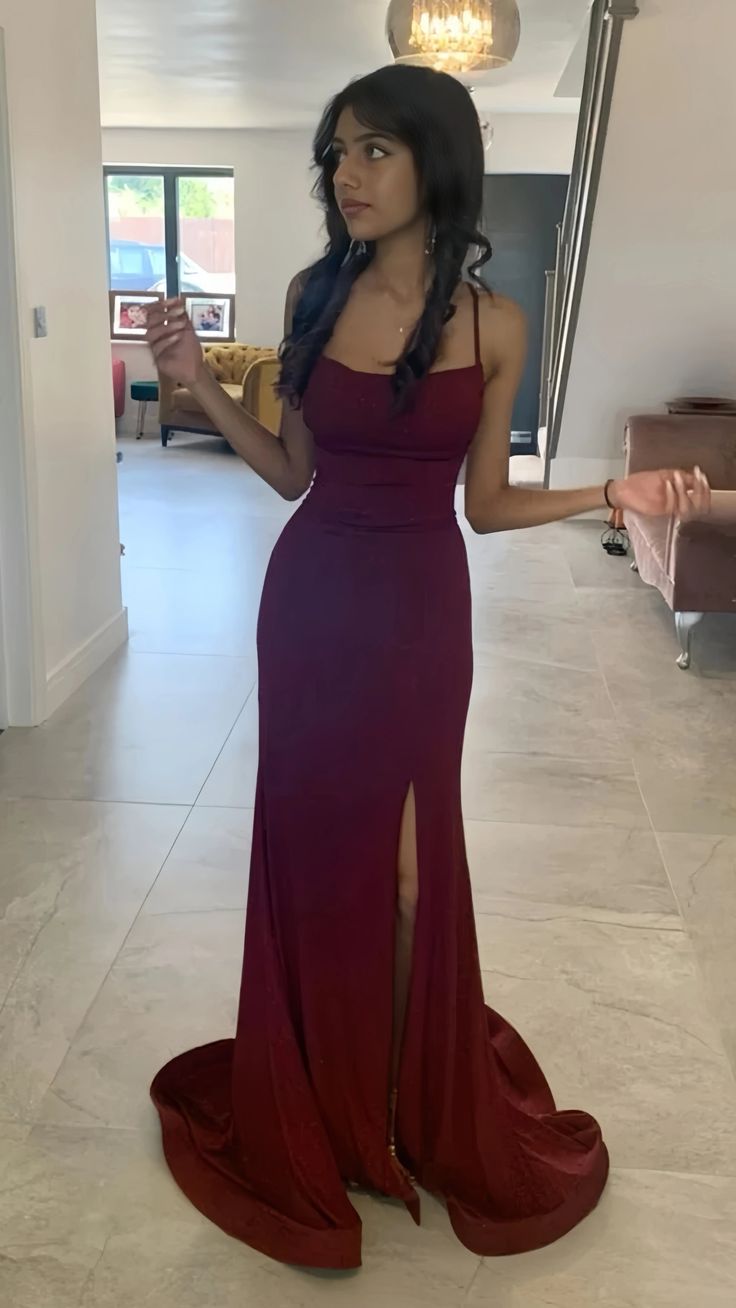 Pretty Sheath Spaghetti Straps Burgundy Slit Long Prom Dresses Prom Dress