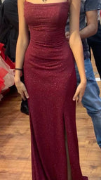 Pretty Sheath Spaghetti Straps Burgundy Slit Long Prom Dresses Prom Dress