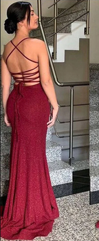 Pretty Sheath Spaghetti Straps Burgundy Slit Long Prom Dresses Prom Dress